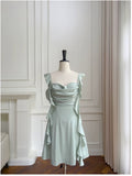 Niulatu A line Spaghetti Straps Sage Green Short Homecoming Dresses Party Cocktail Dress With Ruffles HZ1110