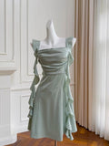 Niulatu A line Spaghetti Straps Sage Green Short Homecoming Dresses Party Cocktail Dress With Ruffles HZ1110
