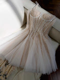Niulatu A line Spaghetti Straps Champagne Short Sequin Homecoming Dresses Cocktail Dress HZ1110