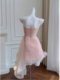 Niulatu Sheath Spaghetti Straps Pink Short Tulle Homecoming Dresses Cocktail Dress HZ1110