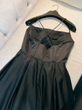 Niulatu A line Straps Black Satin Long Prom Dresses Simple Party Dress HZ1110