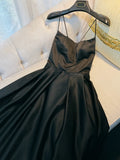 Niulatu A line Straps Black Satin Long Prom Dresses Simple Party Dress HZ1110