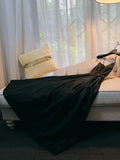 Niulatu A line Straps Black Satin Long Prom Dresses Simple Party Dress HZ1110
