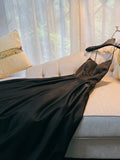 Niulatu A line Straps Black Satin Long Prom Dresses Simple Party Dress HZ1110