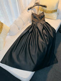 Niulatu A line Straps Black Satin Long Prom Dresses Simple Party Dress HZ1110