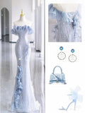 Niulatu Sheath Strapless Blue Sequin Long Prom Dresses Simple Party Dress HZ1110