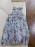 Niulatu A line SPaghetti Straps Prom Dresses Floral Blue Tulle Evening Dress HZ1110