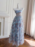 Niulatu A line SPaghetti Straps Prom Dresses Floral Blue Tulle Evening Dress HZ1110