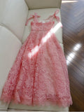 Niulatu A line Straps Pink Lace Prom Dresses Sexy Evening Dress With Bows HZ1110