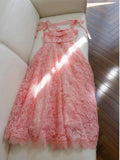 Niulatu A line Straps Pink Lace Prom Dresses Sexy Evening Dress With Bows HZ1110