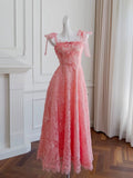 Niulatu A line Straps Pink Lace Prom Dresses Sexy Evening Dress With Bows HZ1110
