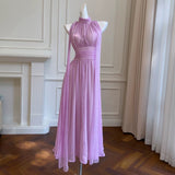 Niulatu A line High Neckline Chiffon Lilac Prom Dresses Evening Dress With Ribbons HZ1110
