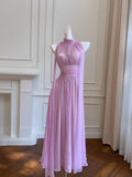 Niulatu A line High Neckline Chiffon Lilac Prom Dresses Evening Dress With Ribbons HZ1110