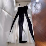 Niulatu A line Spaghetti Straps Black Chiffon Prom Dresses Evening Dress HZ1110