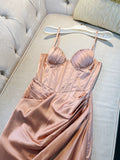Niulatu A Line Spaghetti Straps Satin Slit Blush Pink Prom Dress HZ1110