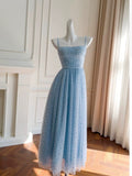 Niulatu A Line Spaghetti Straps Tulle Blue Prom Dress Evening Dresses HZ1110