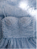 Niulatu A Line Spaghetti Straps Tulle Blue Prom Dress Evening Dresses HZ1110