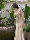 Niulatu Sheath Straps Sleeveless Silk Satin Sage Green Prom Dress Evening Dresses HZ1110