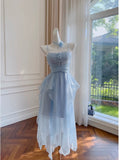 Niulatu A line Spaghetti Straps Chiffon Blue Homecoming Dress Birthday Dresses HZ1110