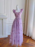 Niulatu A Line Straps Sleeveless Lilac Lace Prom Dress Evening Dresses HZ1110