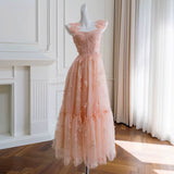 Niulatu A Line Straps Sleeveless Blush Pink Lace Prom Dress Evening Dresses HZ1110