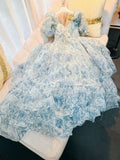 Niulatu Princess Sweetheart Short Sleeves Blue Flora Prom Dress Evening Dresses HZ1110