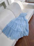 Niulatu A line Sleeveless Blue Tulle Prom Dress Evening Dresses HZ1110