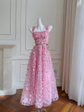 Niulatu A line Straps Sleeveless Pink Tulle Flowers Prom Dress Evening Dresses HZ1110