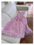 Niulatu A line Straps Sleeveless Pink Tulle Flowers Prom Dress Evening Dresses HZ1110