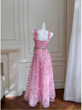 Niulatu A line Straps Sleeveless Pink Tulle Flowers Prom Dress Evening Dresses HZ1110