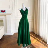 Niulatu A Line Halter Sleeveless Green Satin Prom Dresses HZ1110