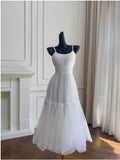 Niulatu A Line Spaghetti Straps Sleeveless Tulle White Prom Dresses HZ1110