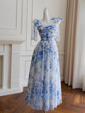 Niulatu A line Spaghetti Straps Sleeveless Floral Blue Chiffon Prom Dresses HZ1110