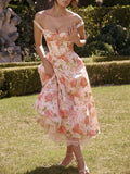 Niulatu A line Spaghetti Straps Sleeveless Floral Pink Chiffon Prom Dresses HZ1110
