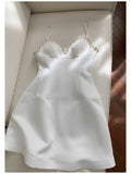 Niulatu A line Spagetti Straps White Short Pearls Homecoming Dress Birthday Dresses HZ1110
