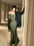 Niulatu Sheath Spaghetti Straps Sleeveless Green Silk Satin Long Prom Dresses HZ1110