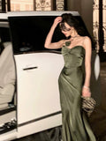 Niulatu Sheath Spaghetti Straps Sleeveless Green Silk Satin Long Prom Dresses HZ1110