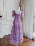 Niulatu A line V Neckline Short Sleeves Lilac Tulle Flowers Prom Dress Evening Dresses HZ1110