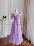 Niulatu A line V Neckline Short Sleeves Lilac Tulle Flowers Prom Dress Evening Dresses HZ1110