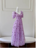 Niulatu A line V Neckline Short Sleeves Lilac Tulle Flowers Prom Dress Evening Dresses HZ1110