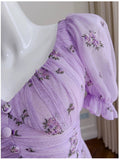 Niulatu A line V Neckline Short Sleeves Lilac Tulle Flowers Prom Dress Evening Dresses HZ1110