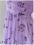 Niulatu A line V Neckline Short Sleeves Lilac Tulle Flowers Prom Dress Evening Dresses HZ1110