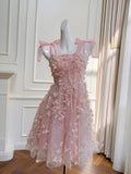 Niulatu A line Spagetti Straps Pink Short Lace Flowers Homecoming Dress Birthday Dresses HZ1110