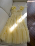Niulatu A Line Straps Sleeveless Yellow Tulle Long Prom Dresses HZ1110