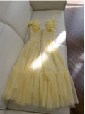 Niulatu A Line Straps Sleeveless Yellow Tulle Long Prom Dresses HZ1110