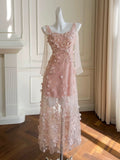Niulatu A Line Straps Sleeveless Blush Pink Tulle Sequin Long Prom Dresses HZ1110
