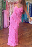 Niulatu A line Straps Neckline Pink Chiffon Long Prom Dress Evening Dresses HZ1110