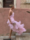 Niulatu A line Long Pink Halter Tiered Floor Length Prom Dresses HZ1110