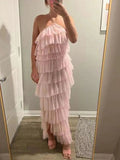Niulatu A line Long Pink Halter Tiered Floor Length Prom Dresses HZ1110