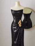 Niulatu Mermaid Strapless Black Sequin Long Prom Dresses HZ1110